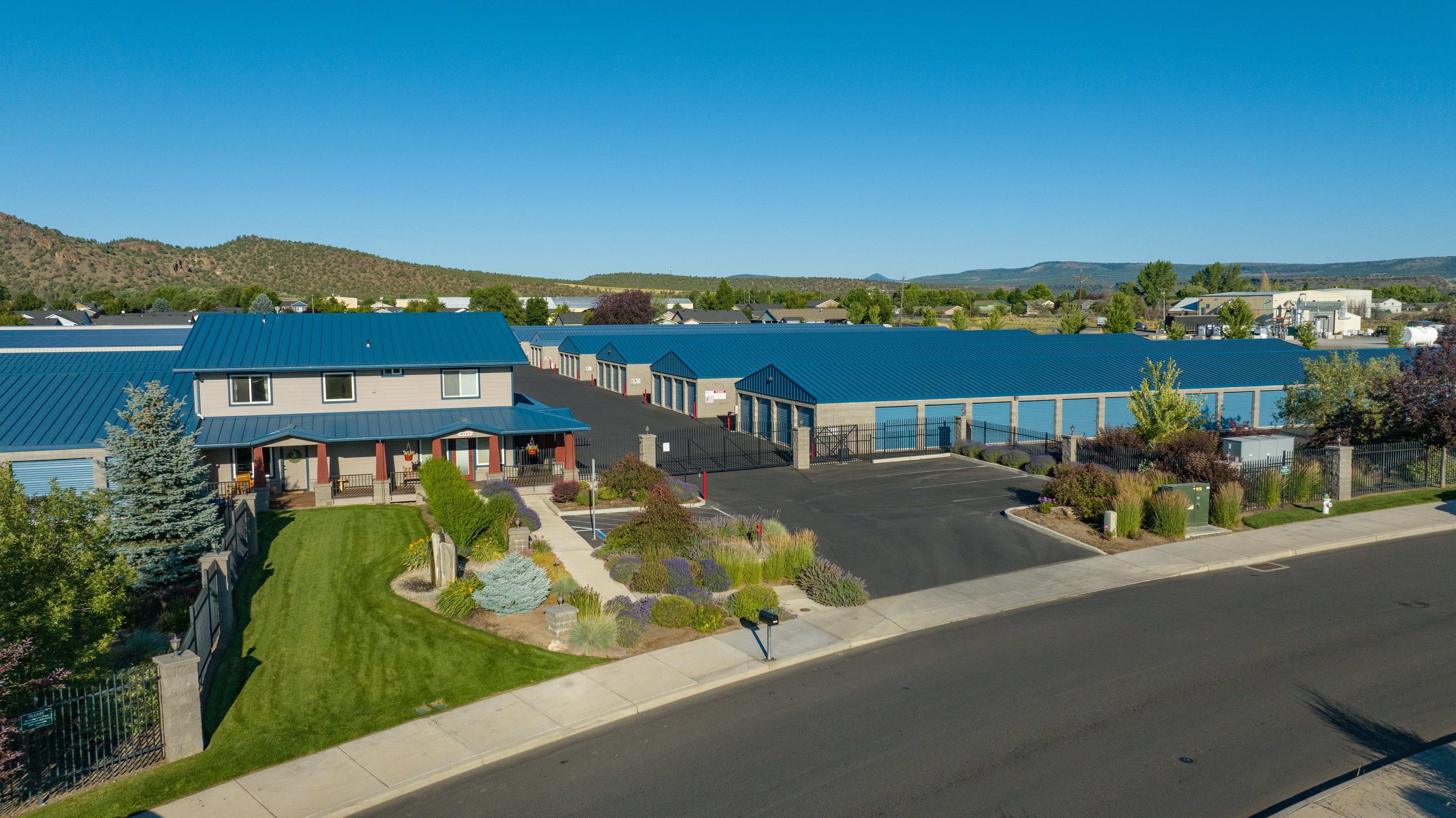 self storage facility prineville or 2200 NE buckboard lane aerial view of front office and electronic gate