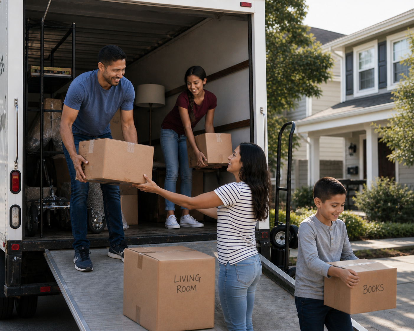 Family unpacking boxes from moving truck