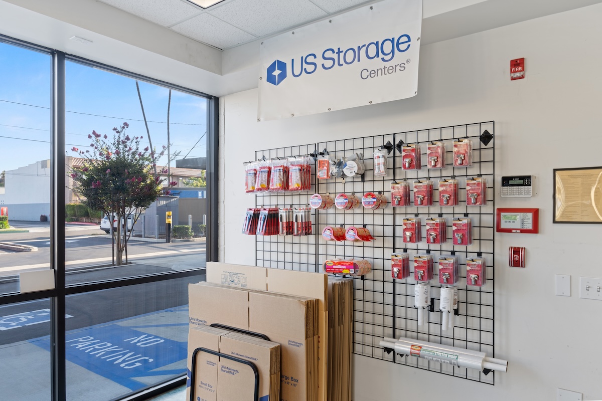 Storage supplies and moving boxes for sale at a US Storage Centers facility office