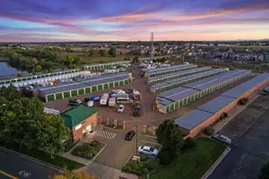 self storage facility fort collins midpoint dr drone view front exterior