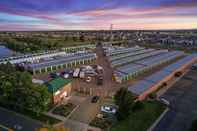 self storage facility fort collins midpoint dr drone view front exterior